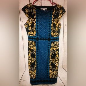 Maggy London Sz 6 Satin-feel Blue Gold Floral Midi Dress Cap Sleeves Cocktail